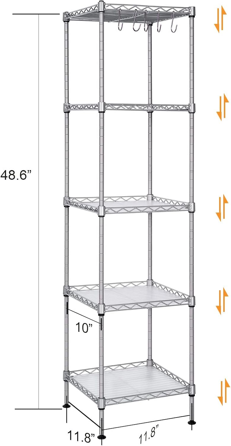 WANDOFO 5 Tier Wire Shelving, 11.8 x 11.8 x 48.6 Inches, Adjustable Metal Storage Pantry Shelf Rack with 5 PP Sheets and S Removable Hooks for Bathroom Closet Kitchen Laundry, Sliver