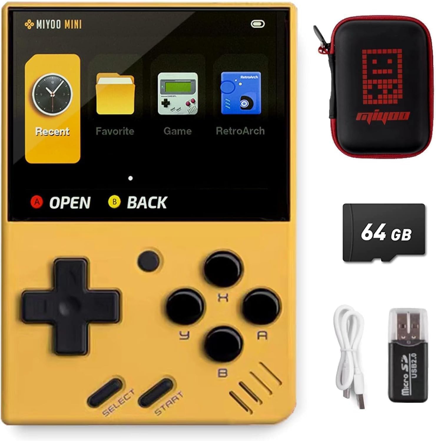 Whatsko MiyooMini V4 Consola de Juegos Portátil,Consola Retro 64GB con 10000 Juegos,Sistema Linux Cortex-A7 Pantalla IPS de 2.8 pulgadas 2000mAh Consola Retro Portatil(Amarillo)