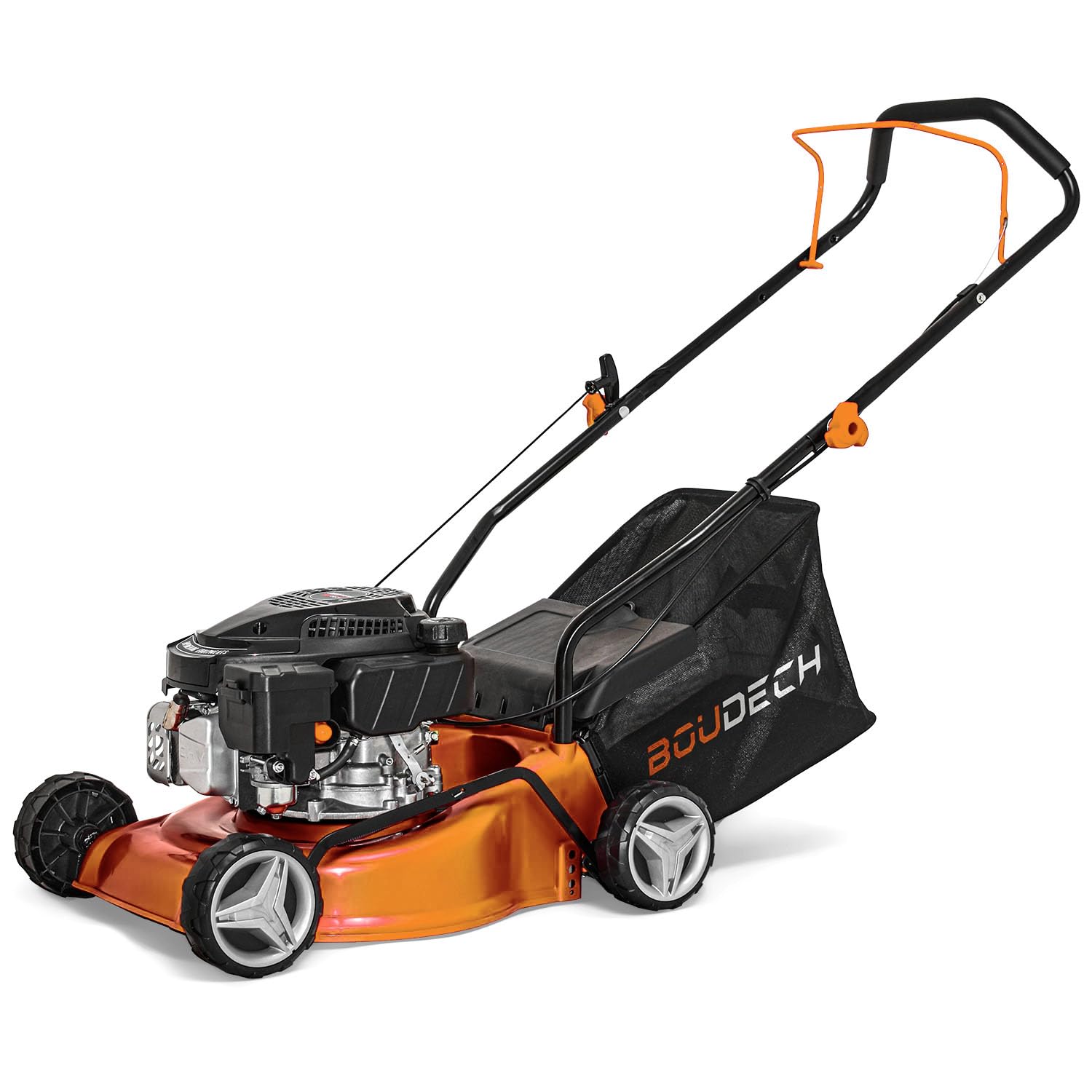 Tagliaerba a spinta con ampiezza di taglio di 400mm ed altezza regolabile su 7 livelli. Rasaerba ultra leggero con potente motore a scoppio 132cc 1,9HP OHV 4 Tempi.
