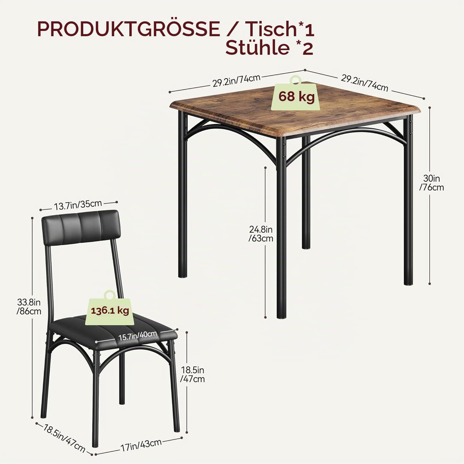 Essgruppe 3-teilig für 2 Personen Esstisch-Set mit 2 Polsterstühlen MDF & Stahl Wasserabweisend Belastbarkeit 180 kg für Kleine Räume,Vintage-Farbe