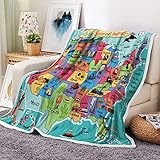 Kids USA Throw Blanket, Fun Facts Geography Camping Blankets and Throws for Bed, Animal Map Fleece Flannel Blanket for Sofa Couch Girls Boys Children Room Decor,50X60in