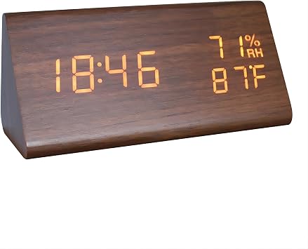 Wooden Digital Alarm Clock, Time Date 12/24H Temperature Humidity Display Sound Activation 3 Level Brightness Battery Operated Desk Clocks for Home Bedroom