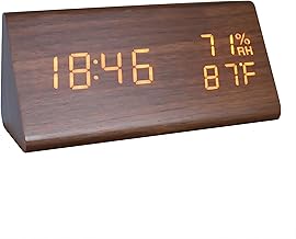 Lancoon Wooden Digital Alarm Clock, Time Date Temperature Humidity Display Sound Activation 3 Levels of Brightness Table Alarm Clock for Home Bedroom