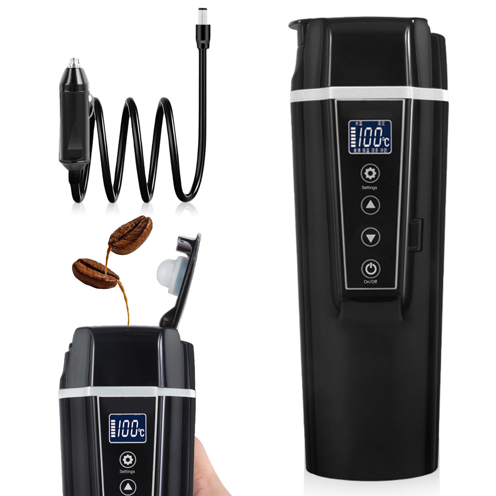 Podróżny czajnik samochodowy 12 V/24 V, 400 ml, elektryczny kubek grzewczy z zapalniczką, przenośny kubek do kawy, herbaty do 100°C, do samochodów ciężarowych, taksówek, kontroli temperatury