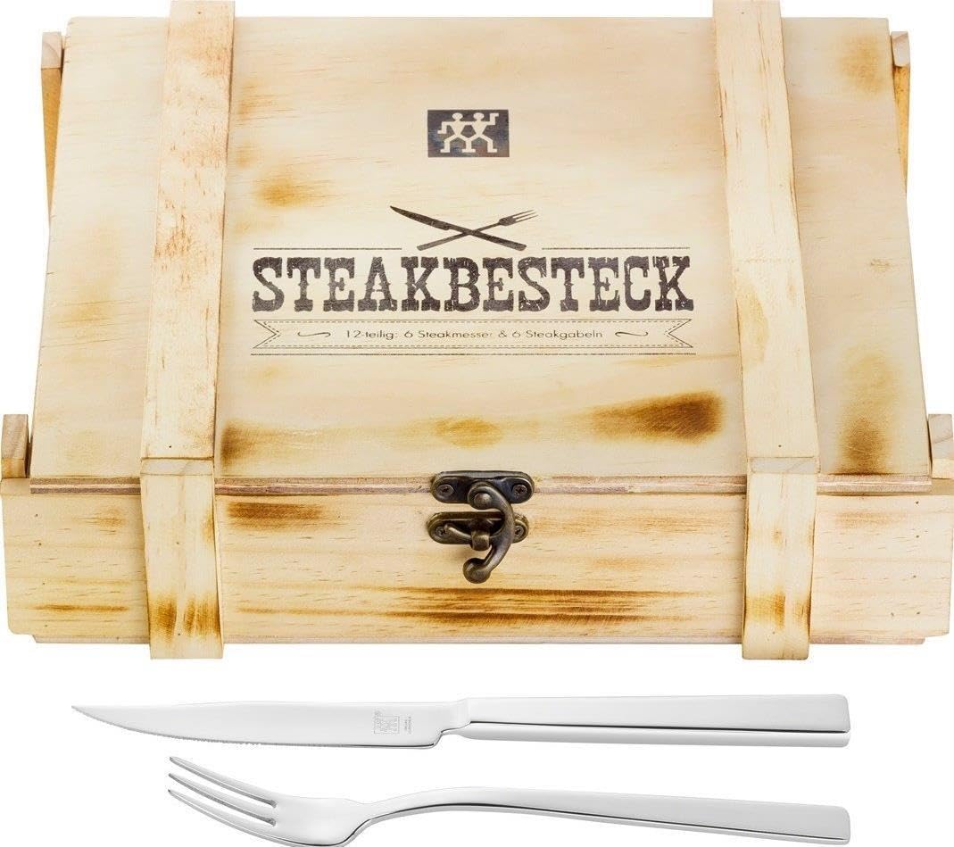 ZWILLING Steakbesteck Set 12-teilig, Für 6 Personen, in Holzbox, Edelstahl | Spülmaschinengeeignet, Messer mit Klingenstahl