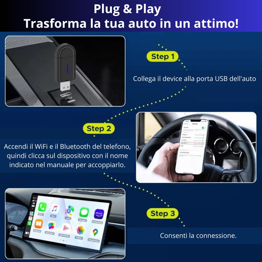 Adattatore Carplay Android Auto 2 in 1 sistema multimediale auto Wireless Converte Carplay Android Auto cablato di fabbrica senza fili, adatto per Audi/VW/Opel/Citroen (2016+) 5.8 GHz WiFi