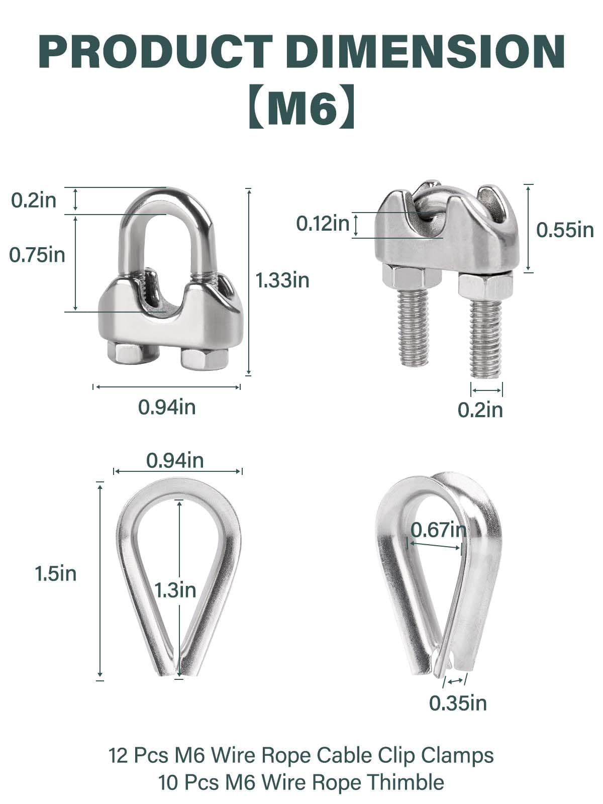 22 Pièces Serre Cable Acier 6mm, Serre Cable Inox pour Câble Métallique de Ø 6 mm, Serre Câbles en Acier Inoxydable à étrier U pour Fixation de Cordes et Suspension de Voiles d'Ombrage