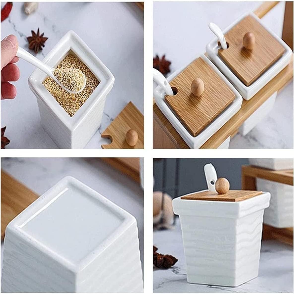 Botes para Condimentos, Botella De Especias De Cerámica, Azucarero, Recipiente para Especias, Juego De 4 con Tapa Y Bandeja, Recipiente para Sal con Cuchara Especias para Condimentos