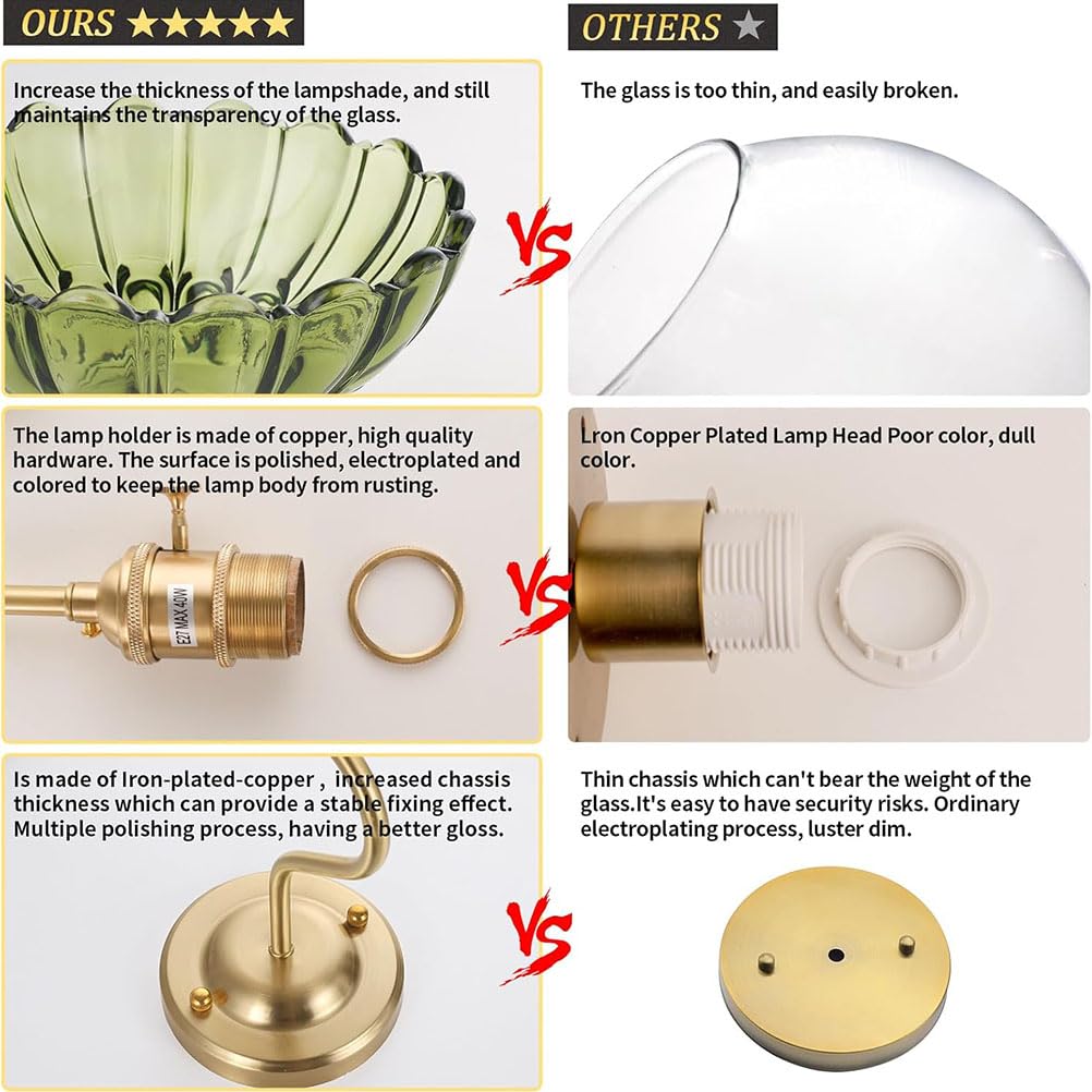 AoLa Vintage kinkiet z włącznikiem i wtyczką, mosiężna lampa ścienna E27 z regulowanym kablem o długości 150cm Zielone kryształowe oświetlenie ścienne Złota lampa dekoracyjna motywem kwiatów,2 Stück