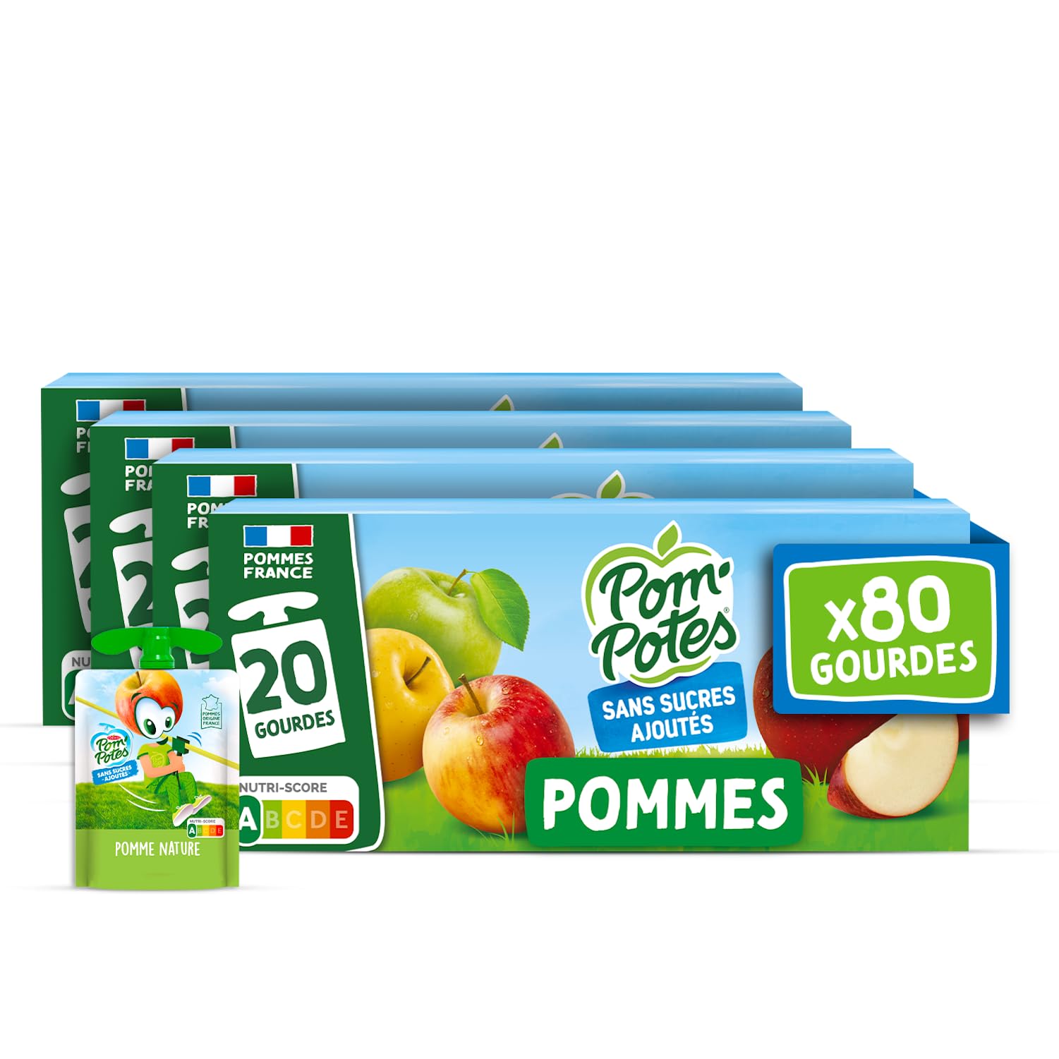 POM'POTES® Compote Gourde sans Sucres Ajoutés Pomme Nature 80x90g | Source De Fibres, Nutri-Score A, 3 Ans Et Plus