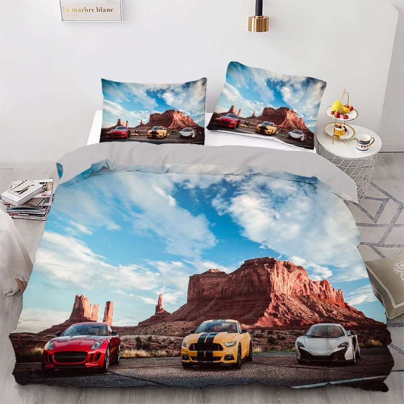 Housse de couette 140x200 microfibre voiture bleue impression 3D design ultra doux