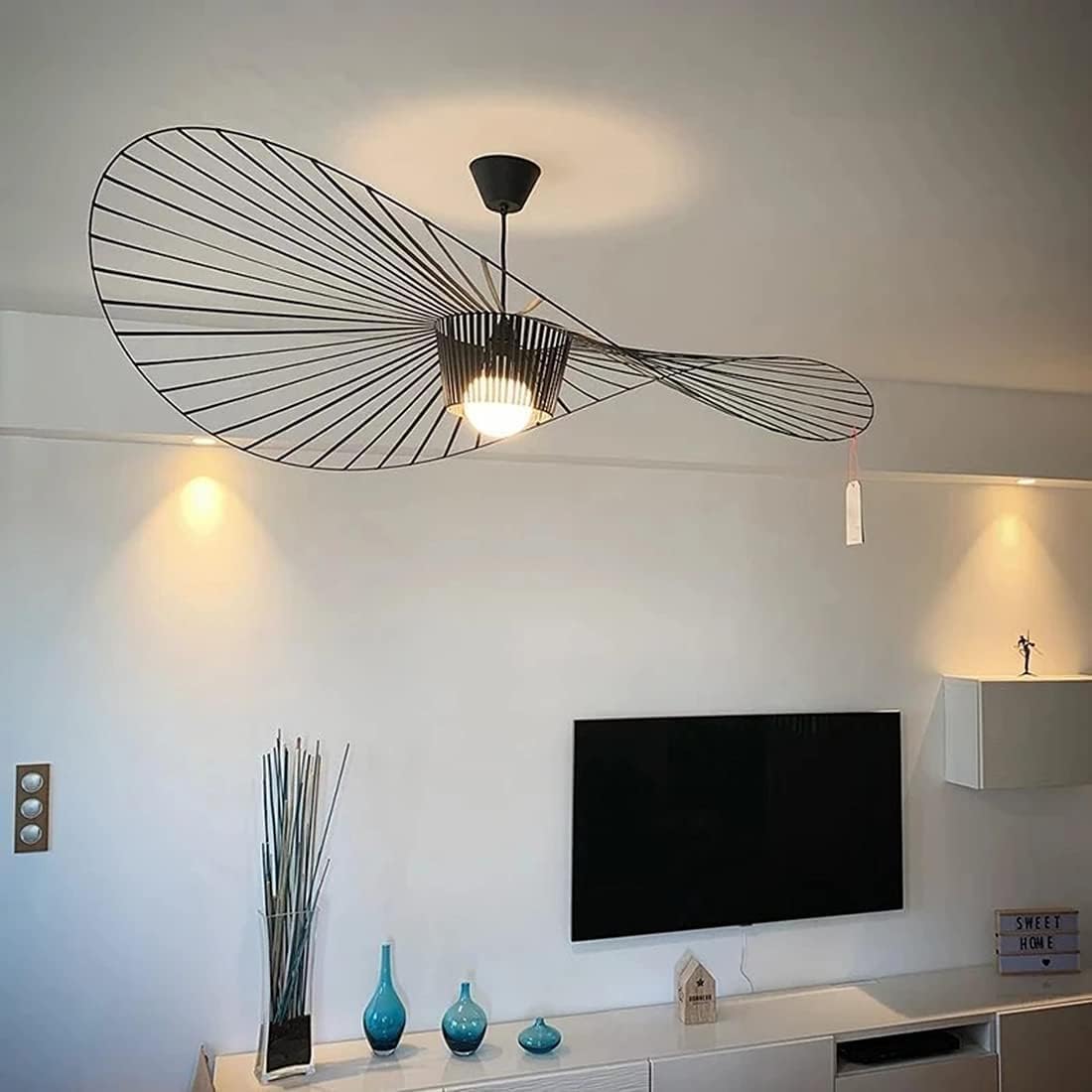 Vertigo Pendelleuchte & Hängeleuchte 120cm Schwarz - Moderne Hängelampe e27 für Wohnzimmer Schlafzimmer Restaurant, Glasfiber + Polyurethan Vintage Hut Hängend Lampe, Max 40W