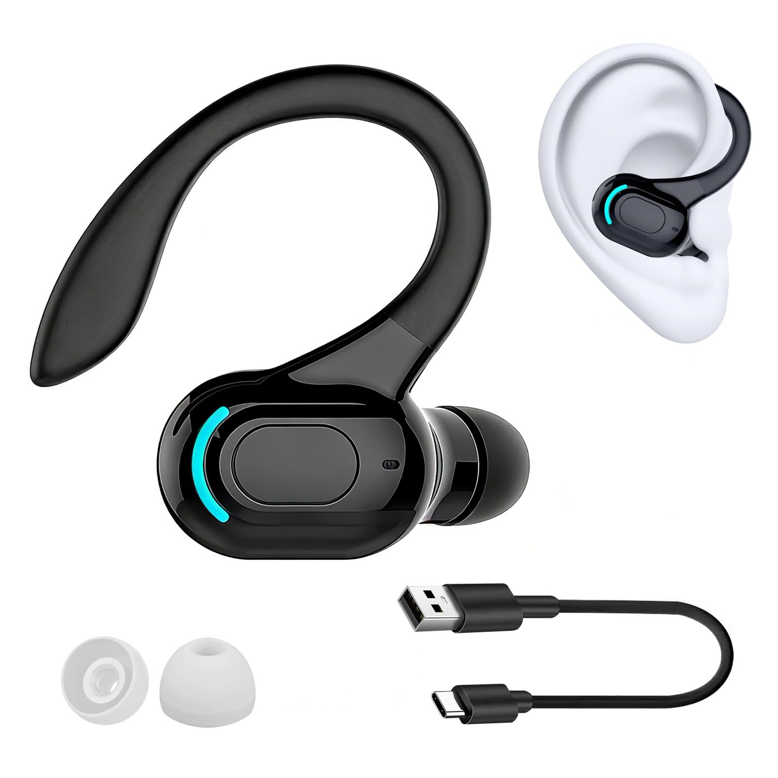 Auricolare Bluetooth Mono senza fili V5.2, microfono integrato a mani libere orecchio, 70 mAh, fino a 20 ore di riproduzione, design a 360° sopra l'orecchio, uso casco wireless per iPhone, Android e