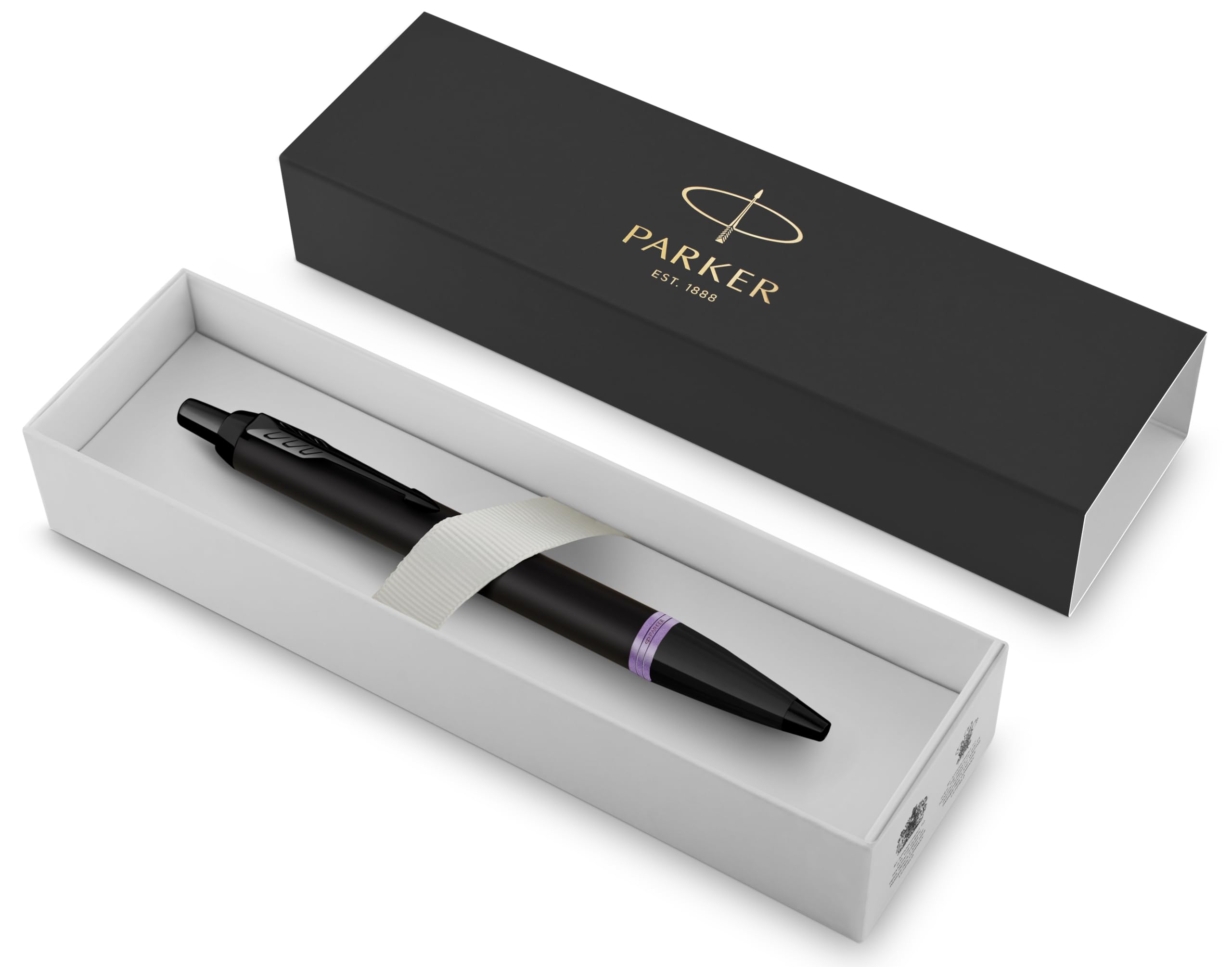 IM Premium Ballpoint Pen | Matte Black with Amethyst Purple Ring | Black Ink | Gift Boxed