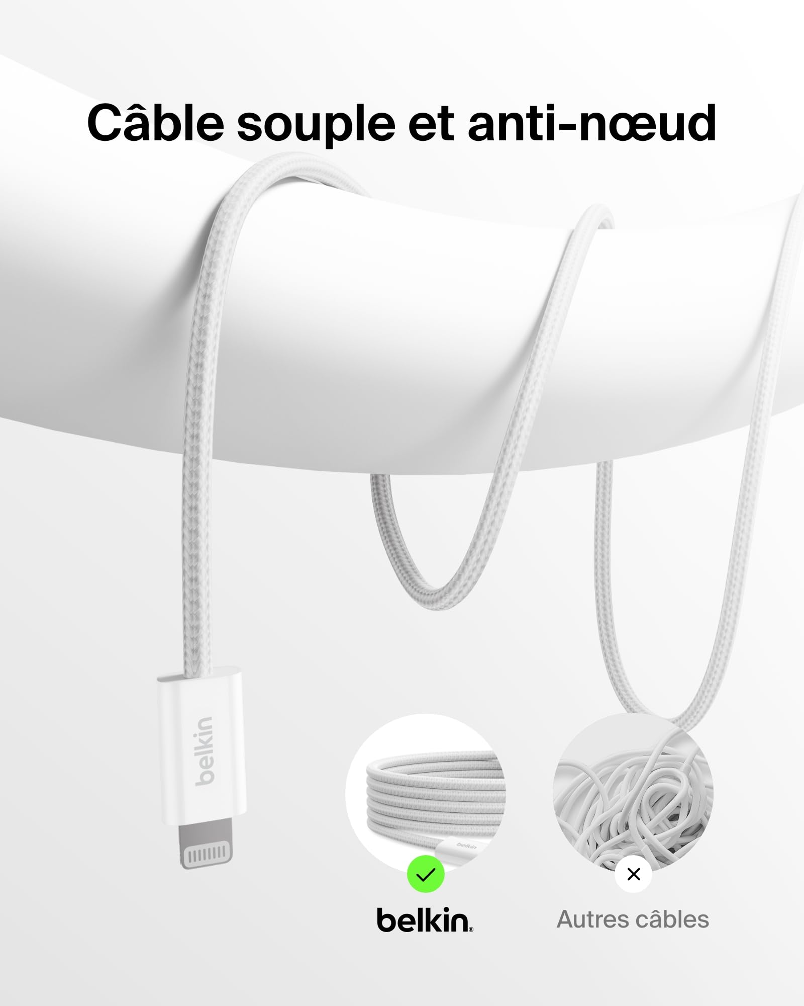 Belkin Pack de 2 Câbles USB-C à gaine tressée avec connecteur Lightning (1,5 m, doux au toucher, souple, recharge rapide, pour iPhone 14 et version antérieure, iPad 9e gén., AirPods, blanc)