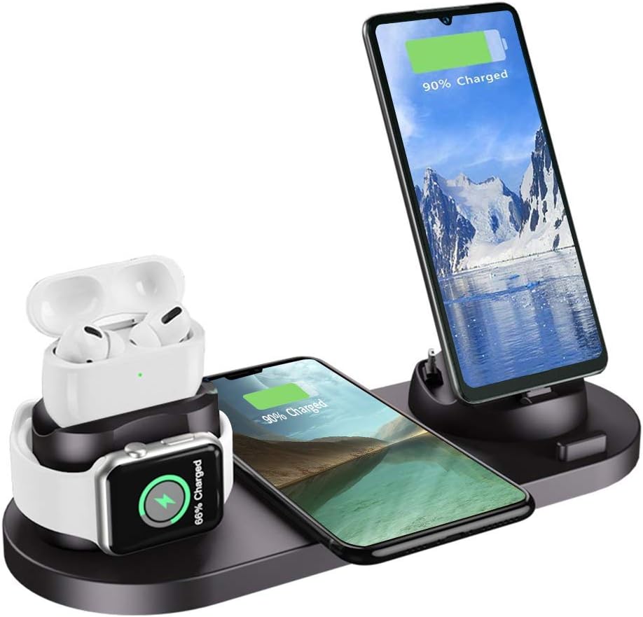 Auzev Wireless Charger Station,6 in 1 Charging Dock for Apple/Micro/Type C Phones iWatch Airpods,Qi Fast Wireless Charger Compatible with iPhone X/XS/XR/Xs Max/8/8 Plus,Samsung (Black)