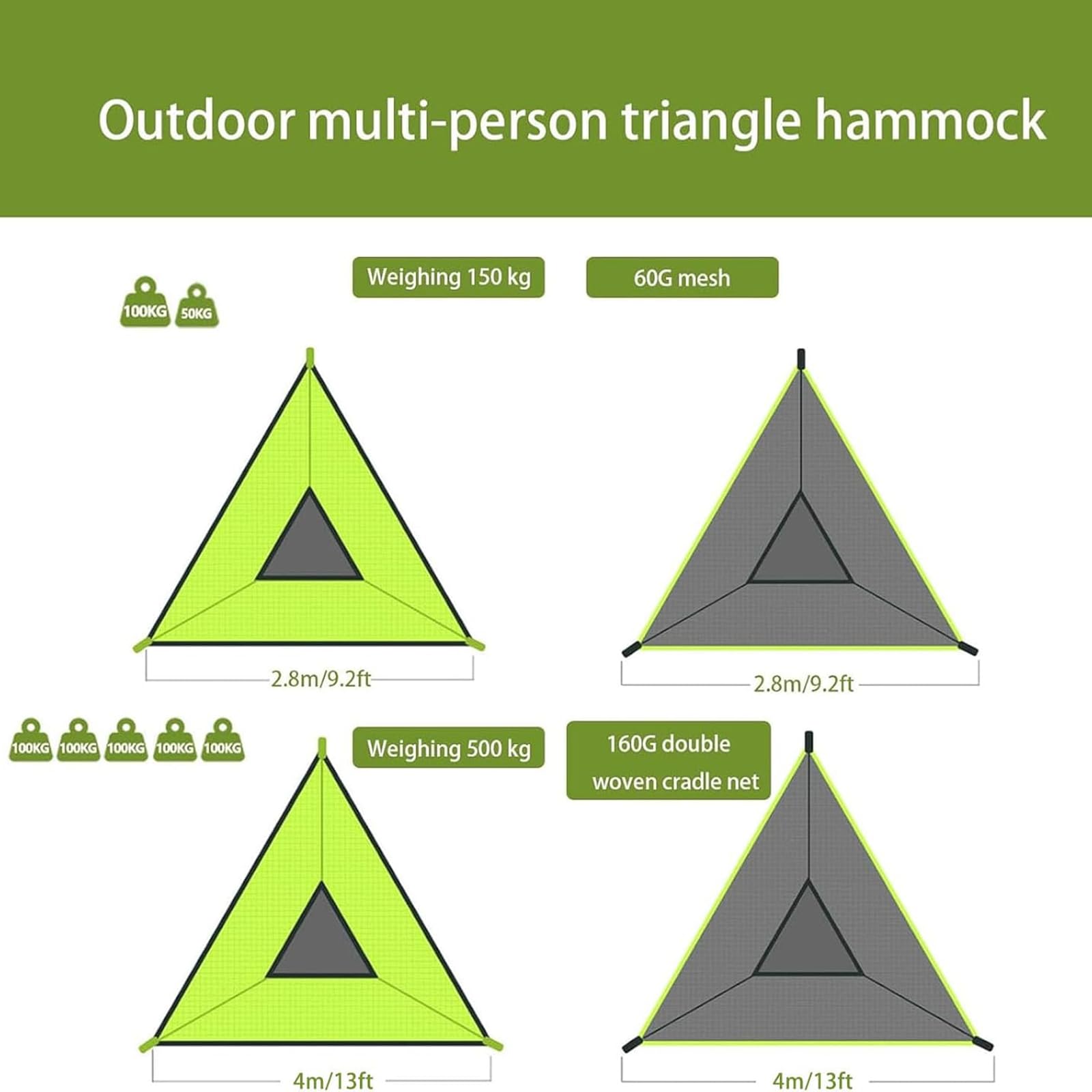 Amaca da campeggio triangolare con cinghie triple e borse in rete, amaca portatile per più persone, capacità 181,4 kg, per viaggi, cortile, all'aperto