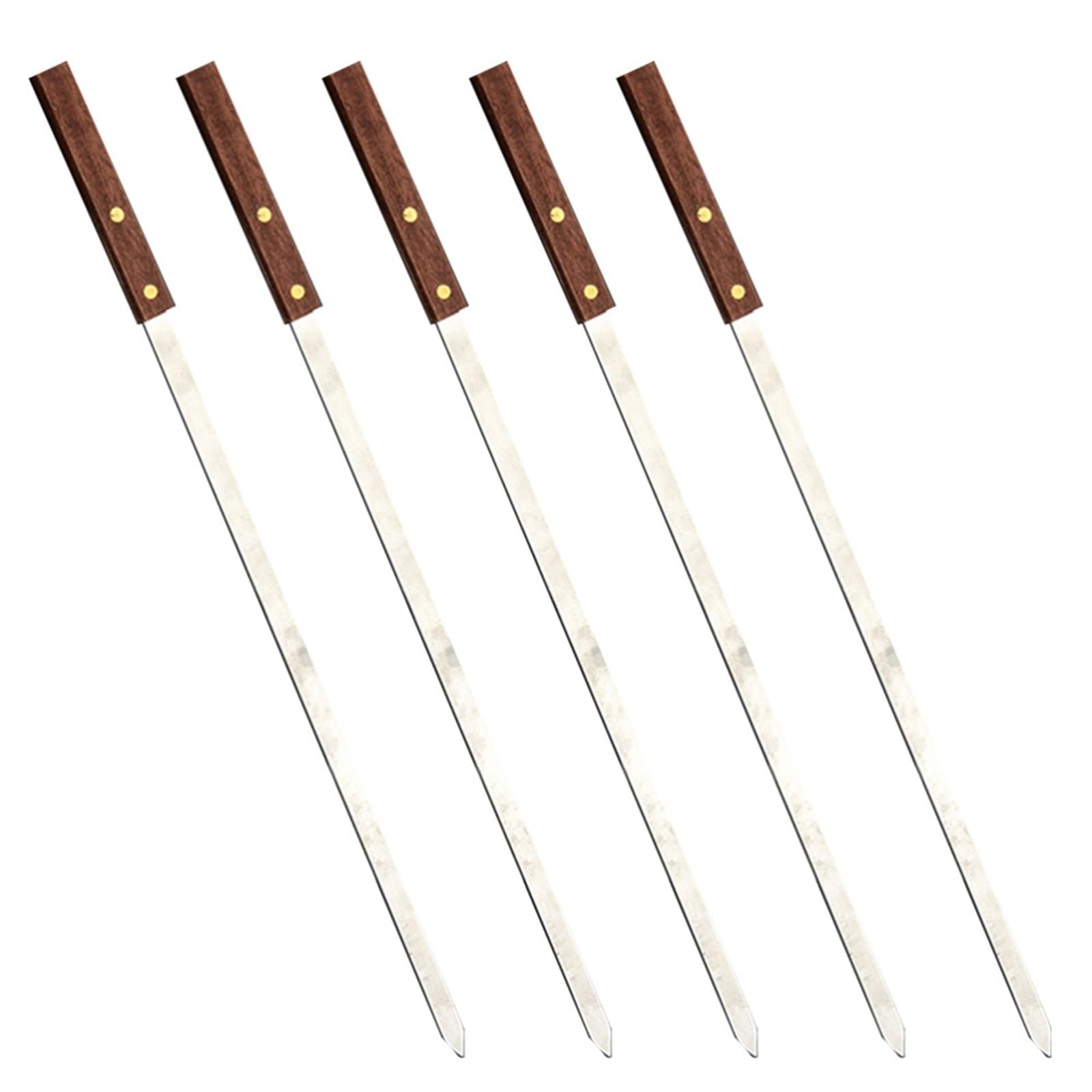 vfdaSWQQ BBQ stick, Kebab Skewers, 5Pcs Stainless Steel BBQ Reusable Wooden Handle Fork Long Flat Meat Sticks