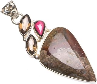 Naturale oceano diaspro, quarzo fumé e ametista unico, realizzato a mano in argento Sterling 925 ciondolo 2 1/4 U0298