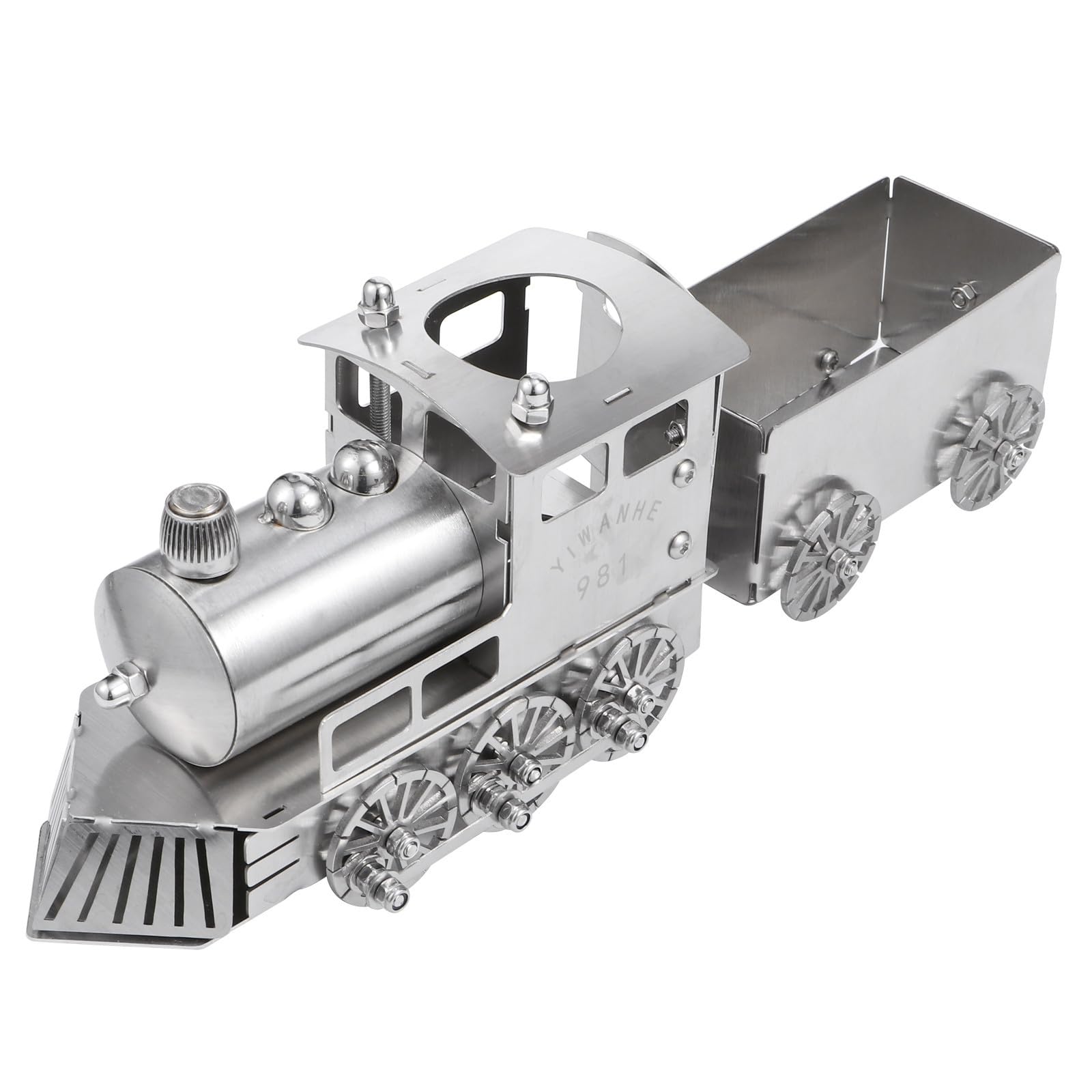 Estatua de locomotora de vapor en acero inoxidable de alta calidad y diseño plata