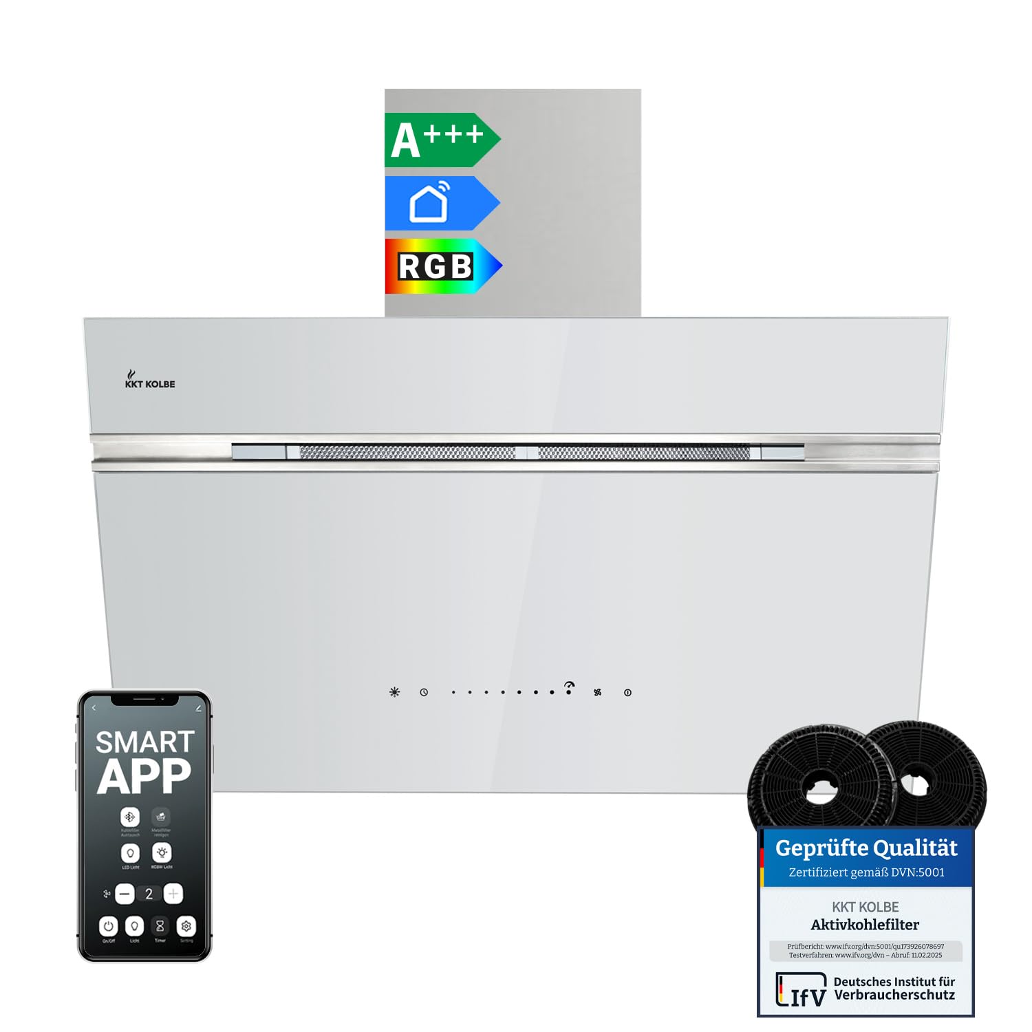 KKT KOLBE Cappa aspirante inclinata AURORA8005WED, 80 cm, bianco argento | 782 m³/h, Classe energetica A+++, Aspirante e filtrante, Smart WiFi, SensorTouch, Illuminazione LED