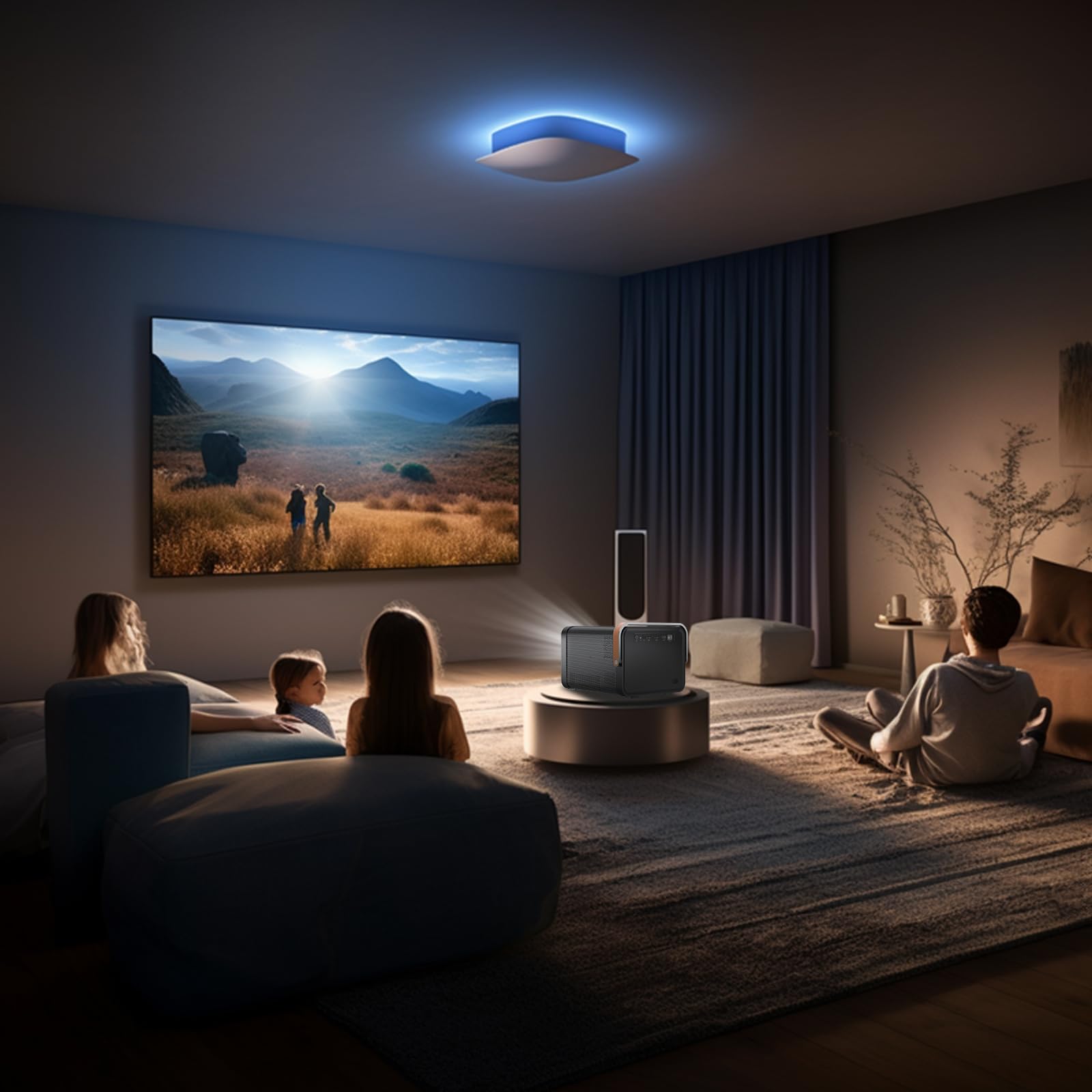 Proyector inteligente, proyector estéreo Cwowdefu 1080P con corrección trapezoidal automática, enfoque automático, función de evitación automática, funciones con WiFi 6, Bluetooth 5, compatible con iP