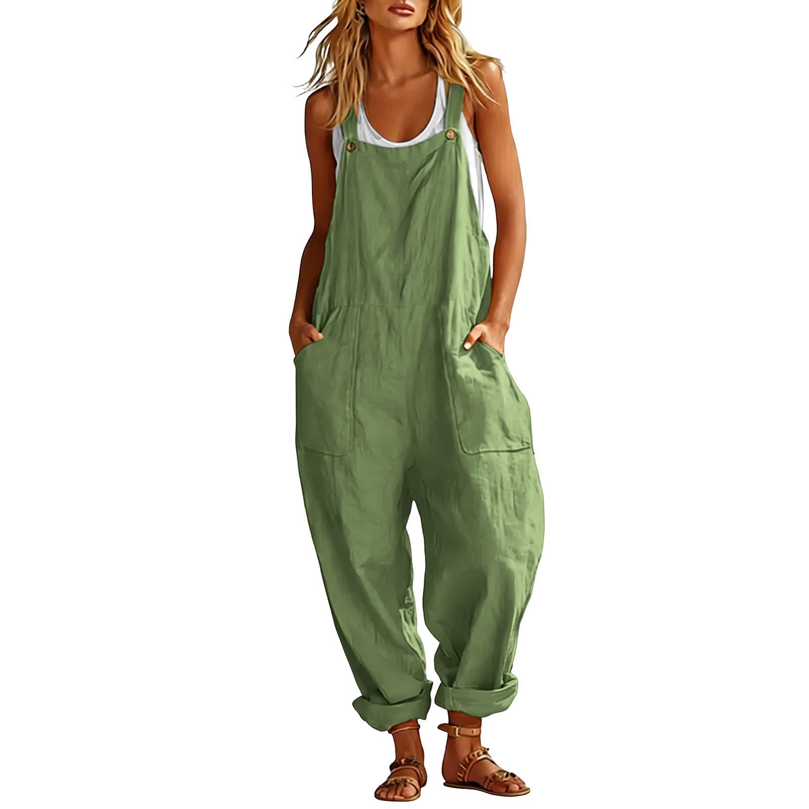 Salopette Femme D'été Coton Chic et Fluide Combinaison Longue Baggy Bretelles sans Manches Couleur Unie Coupe Ample Pantalon Confortable Poches Décontractée Jumpsuit Loose De Plage