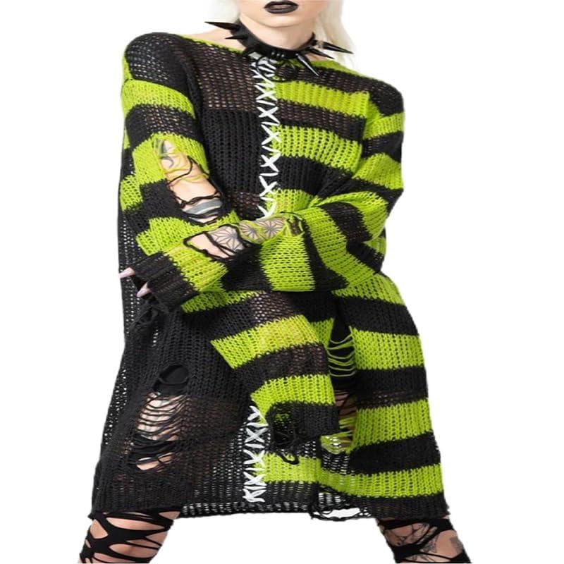 Halloween Sweaters Sweatshirts for Women Grunge Goth Gothic Distressed Knit Y2k Ripped Striped Pullover Sweater