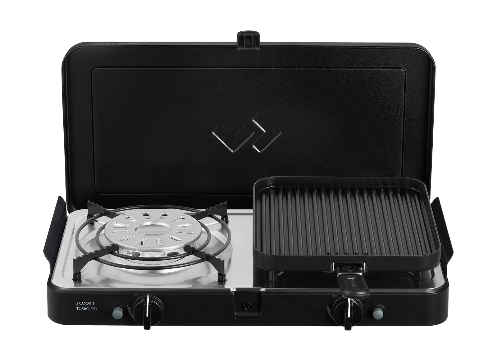 Cadac Portable Stove 2 Cook Turbo FFD Deluxe QR - Gas Powered, 2 Burner with Flame Failure Device, Thermoplastic & Stainless Steel, for Camping