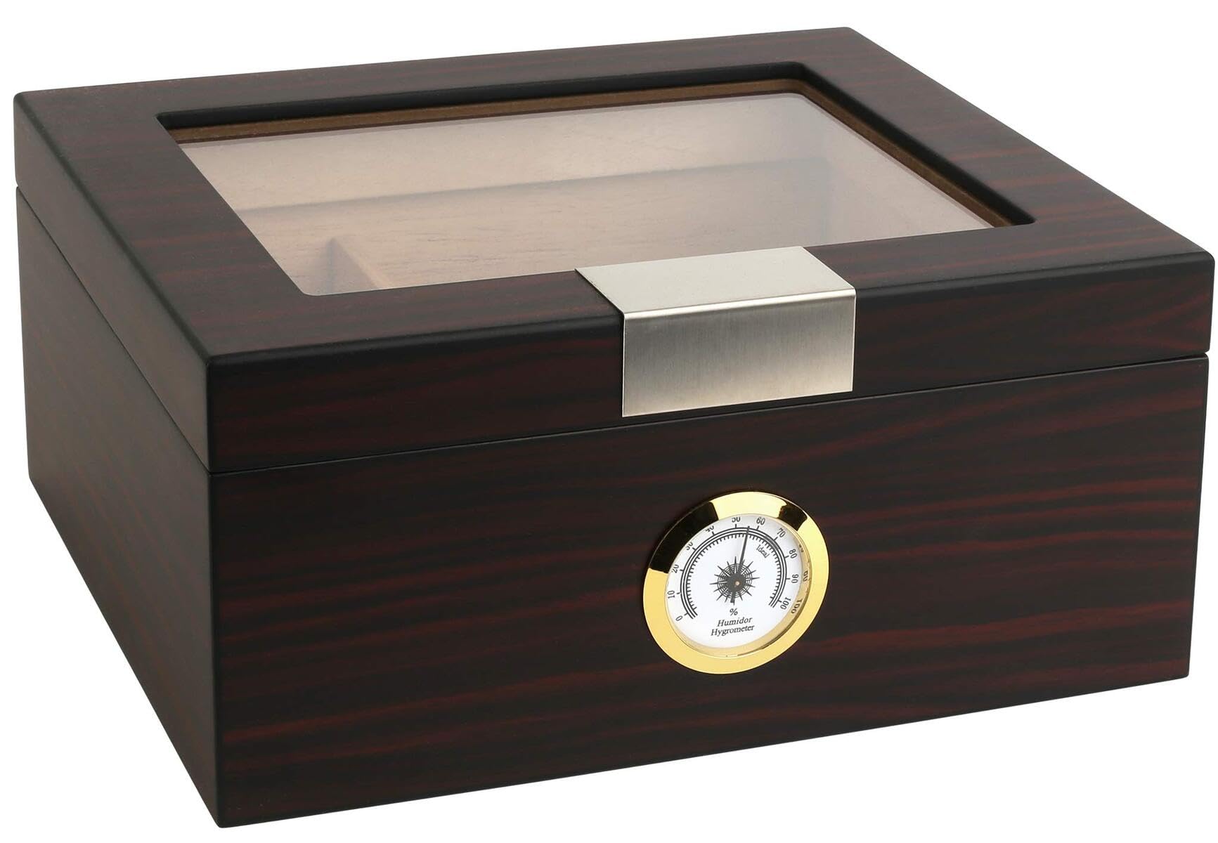 Mantello Premium Humidor Cigar Box, Ebony Glass-Top Cigar Humidor with Hygrometer -Cedar Divider, Humidity Packets Holder, Holds 25-50 Cigars-image-5