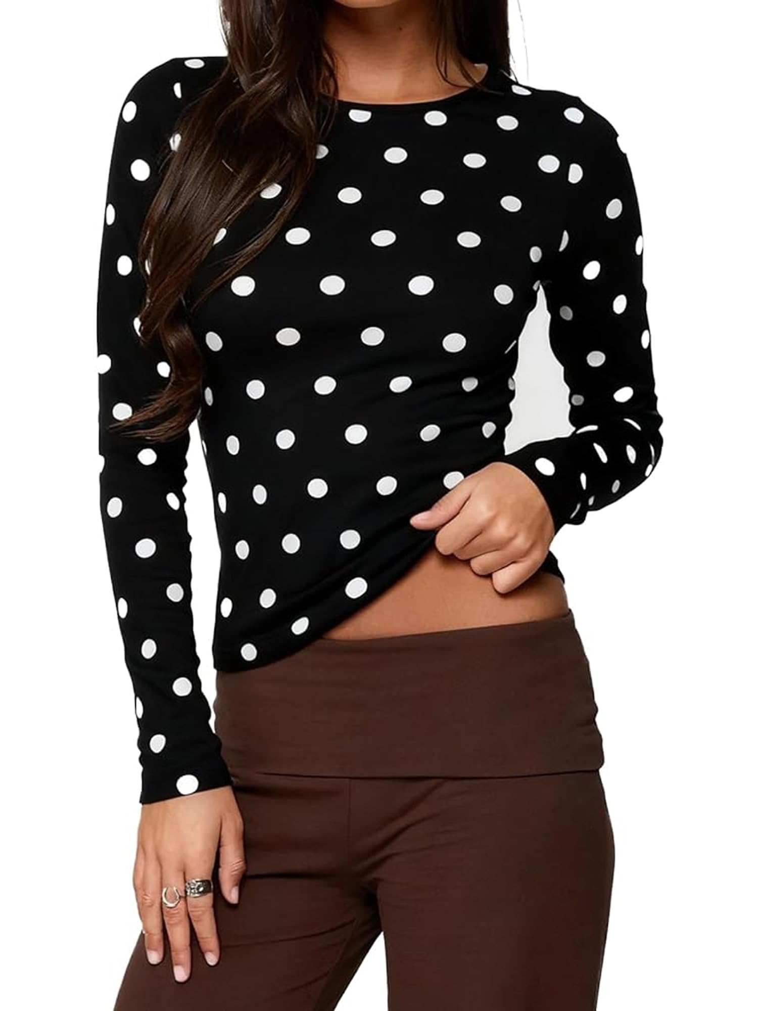 Women's Trendy Polka Dot Top Stretchy Slim Fit Basic Long Sleeve T Shirt Casual Going Out Crop Tops Streetwear (A-Back, XL)