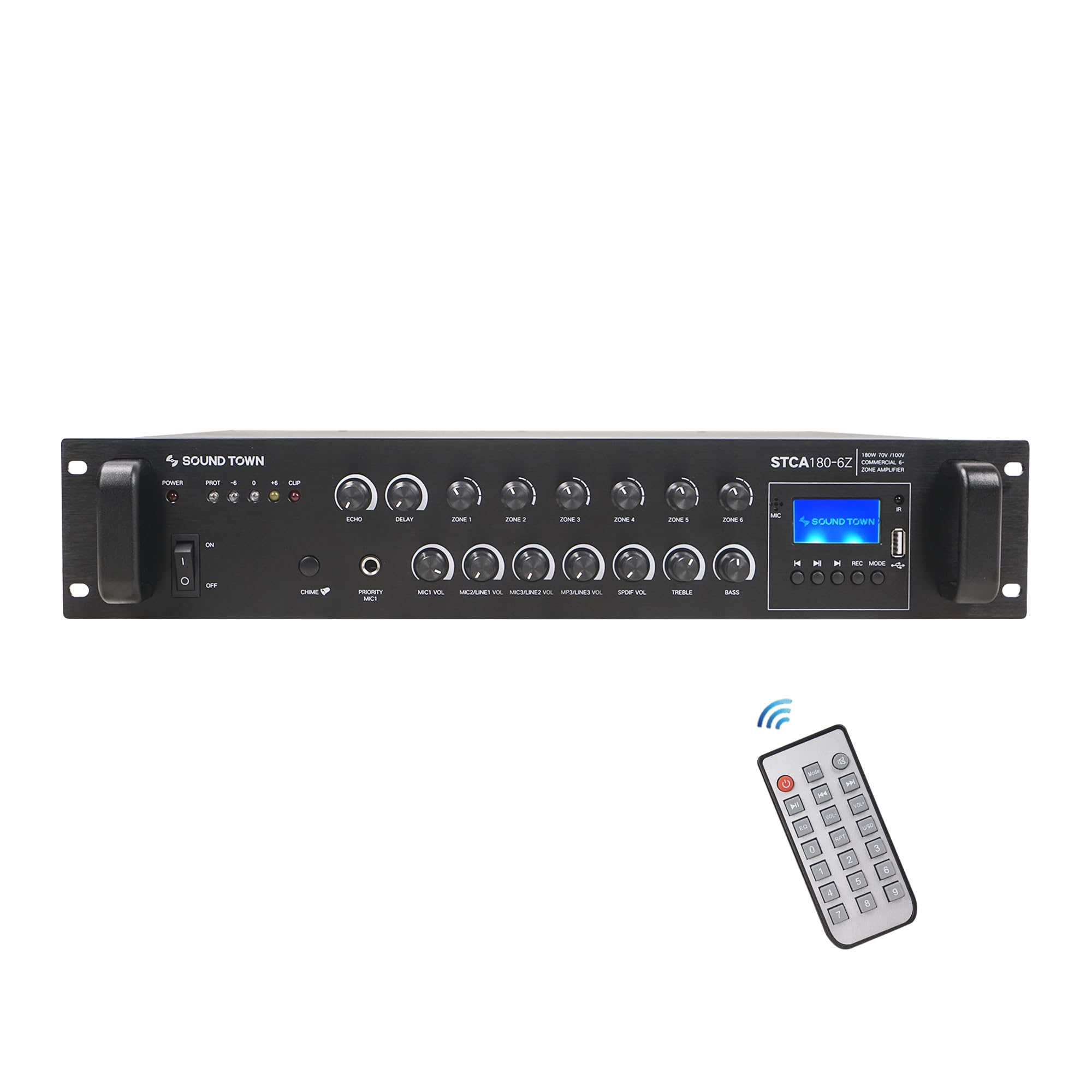 Sound Town Commercial Restaurant Bluetooth Amplifier + Surface-Mount Speaker Set, with One 6-Zone 70V/100V Amplifier with Bluetooth, 4 x 6.5-Inch Surface-Mount Speakers, White (STCA180X4MS6W)