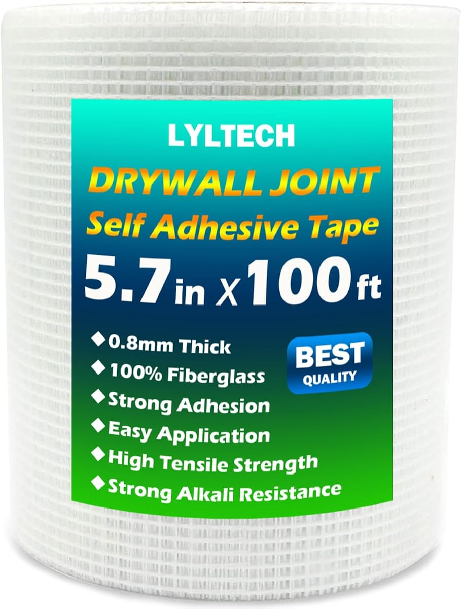 Cinta de malla para paneles de yeso de fibra de vidrio LYLTECH, malla autoadhesiva de 5,7 pulgadas x 100 pies | 13 malla 100% fibra de vidrio, parche de reparación de grietas y costuras de pared resistente para techos de yeso y paneles de yeso