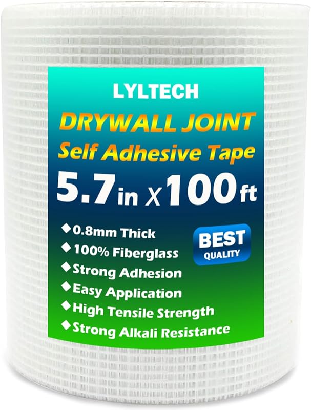 Cinta de malla para paneles de yeso de fibra de vidrio LYLTECH, malla autoadhesiva de 5,7 pulgadas x 100 pies | 13 malla 100% fibra de vidrio, parche de reparación de grietas y costuras de pared resistente para techos de yeso y paneles de yeso