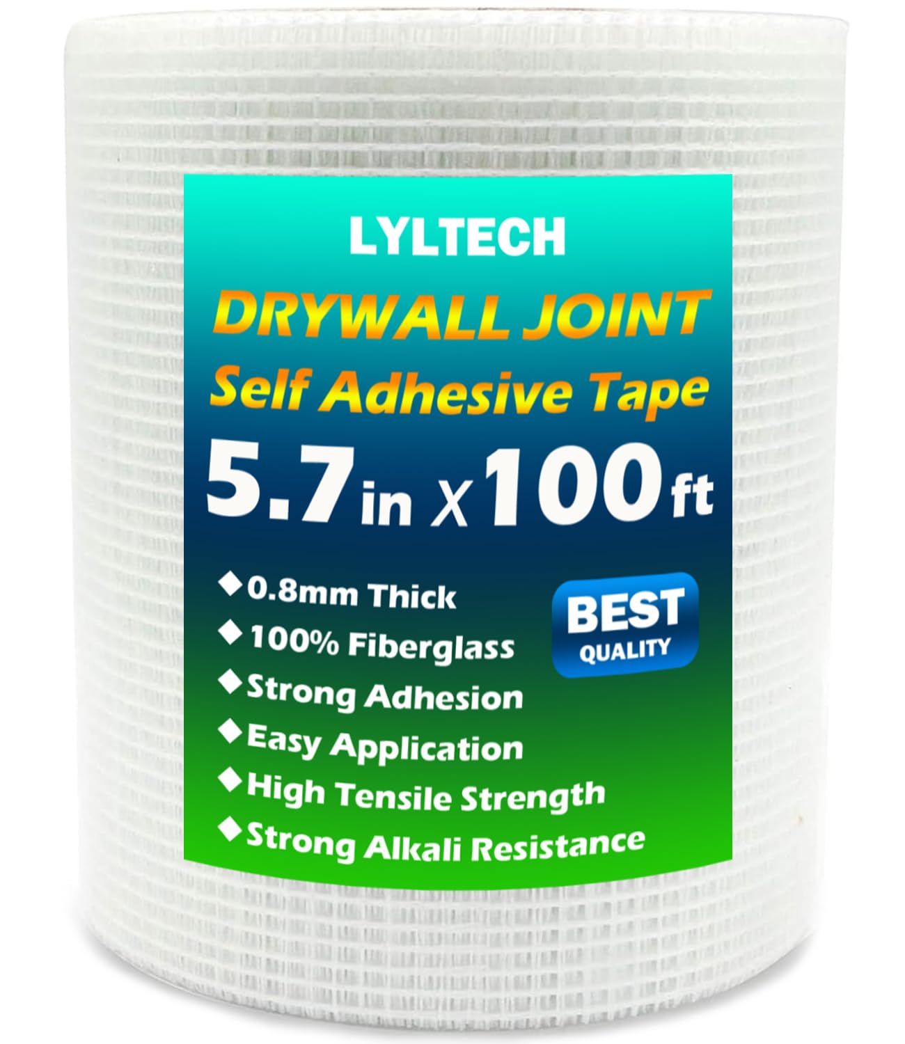 LYLTECH Heavy-Duty Self-Adhesive Fiberglass Mesh Drywall Joint Tape, 5.7in x 100ft, 13 Mesh - Crack Seam Repair Patch