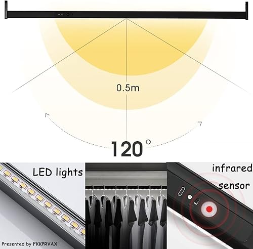 Miniatura 3 de Barra de armario negra con luz LED - Riel de armario 15.7 in-51.2 in Armario Riel de ropa Riel de ropa Sensor infrarrojo Barra de armario