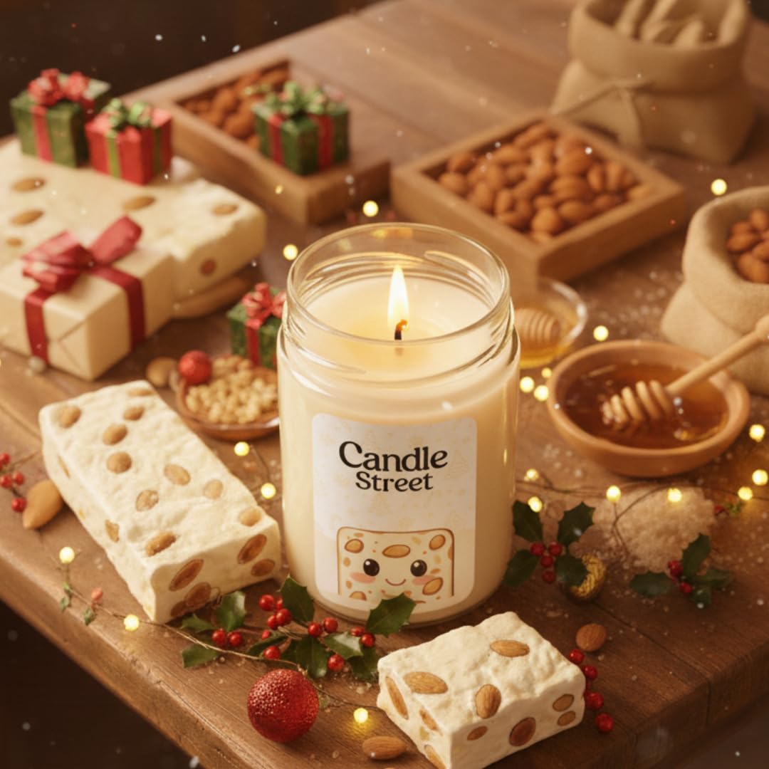 Candle Street – Duftkerze Nougat 500 g | Haselnuss, Mandel und Honig | Kollektion Süße Weihnachten | Große Kerze im Glas, 120 Stunden Brenndauer, perfektes Geschenk für Weihnachten