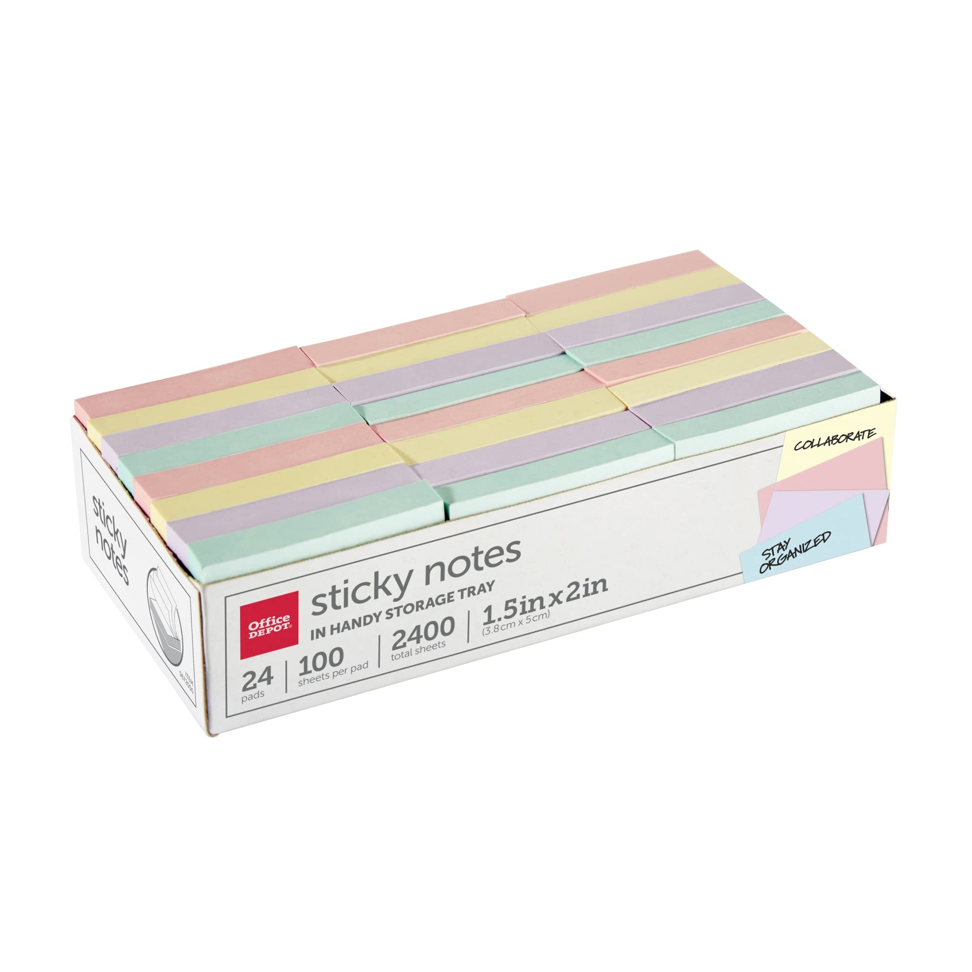 Office Depot(r) Brand Sticky Notes, With Storage Tray, 1-1/2" x 2", Assorted Pastel Colors, 100 Sheets Per Pad, Pack Of 24
