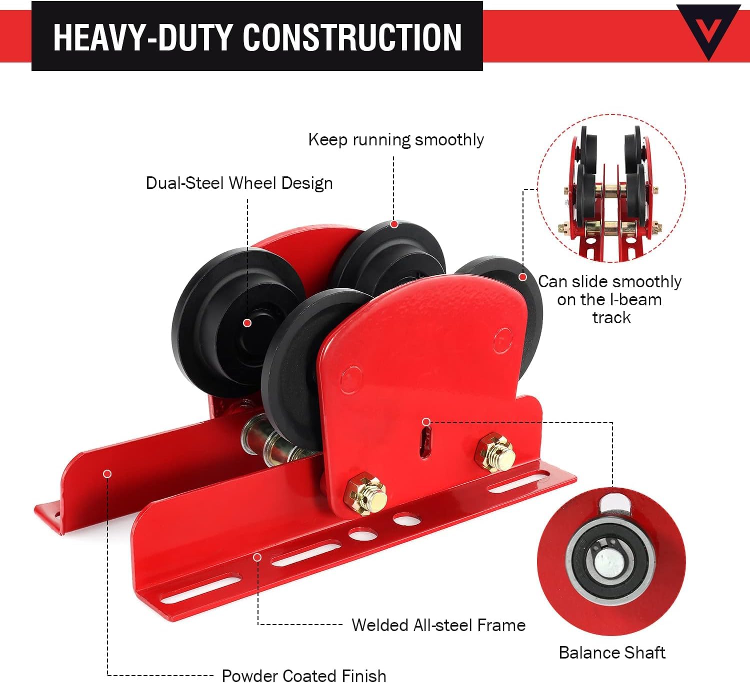1Ton I Beam Trolley, Chariot De Palan Manuel De Grue Aérienne Lourd Avec Double Roues, Bride Réglable 2.68-4.33 En Pour Le Levage Industriel D'atelier Et Les Charges De Déplacement Sur Les Rails Droit