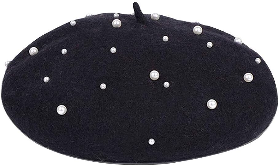 Danse Jupe Women Sweet Pearl Beaded French Wool Beret Cap Solid Winter Tam Beanie Hat(Black)