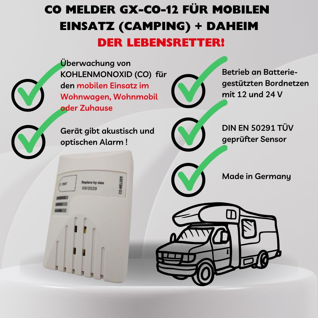 Schabus CO Melder GX-CO12 für Mobile CO-Überwachung - ideal für Camper | Campingfahrzeuge, Schiffe, Fahrzeuge mit Gaskoch- und Kühlmöglichkeit, ohne Batterie