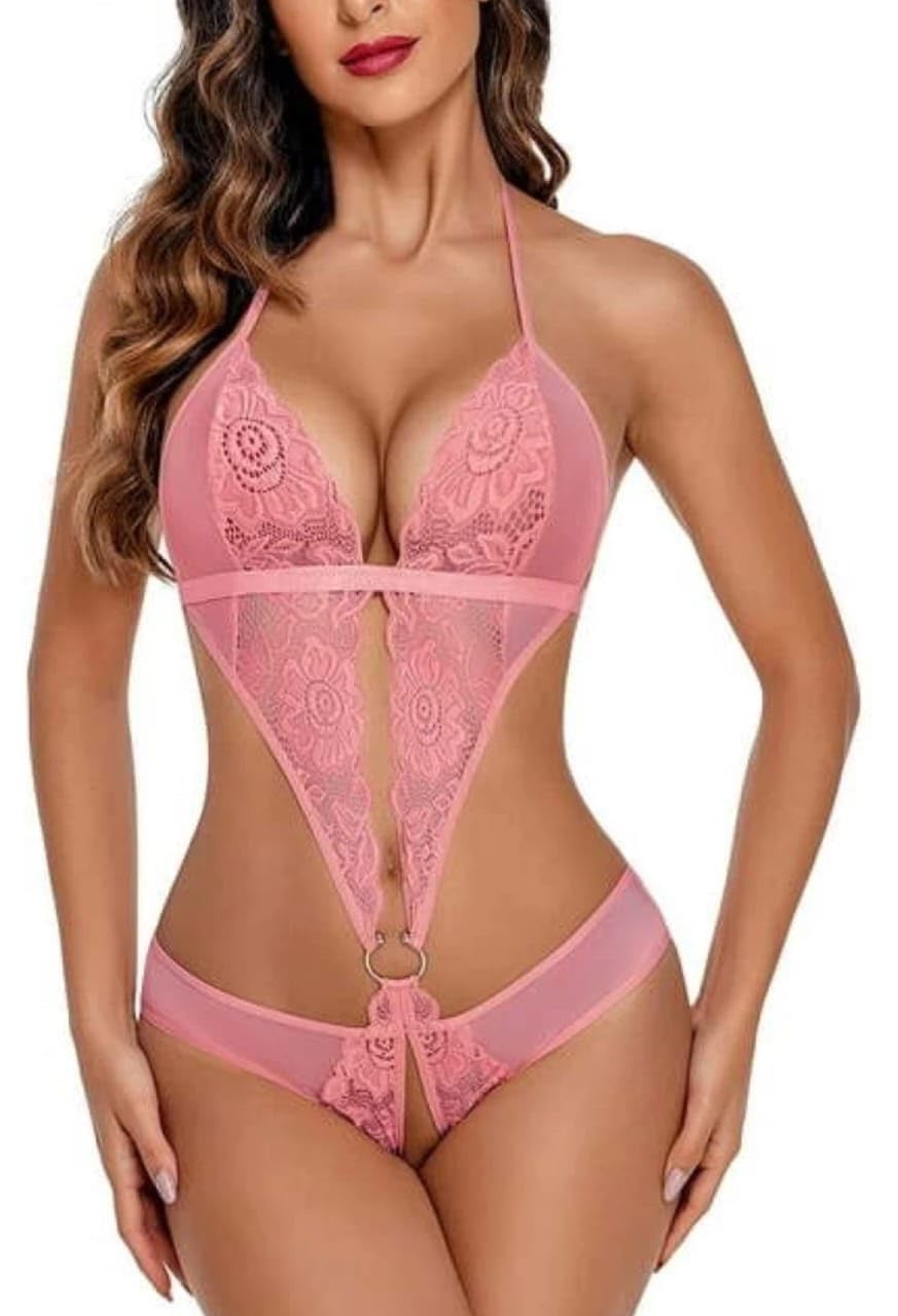 Women's Floral Lace Teddy Lingerie, Halter Neck, Deep V, Pink, One-Piece Bodysuit-image-11