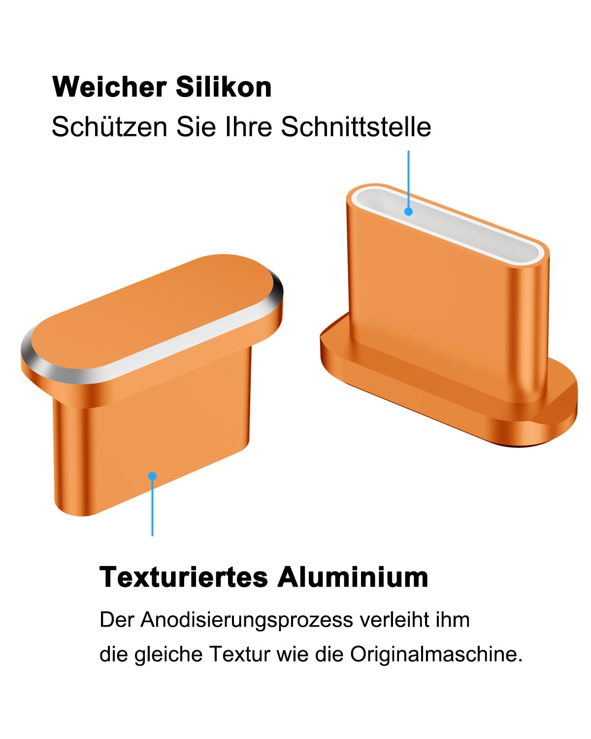 Osłona przeciwpyłowa USB C do iPhone 17/17 Pro, 4 aluminiowe + 4 silikonowe nasadki ochronne, zestaw z pudełkiem do przechowywania i szczoteczką do czyszczenia (Cosmic Orange)