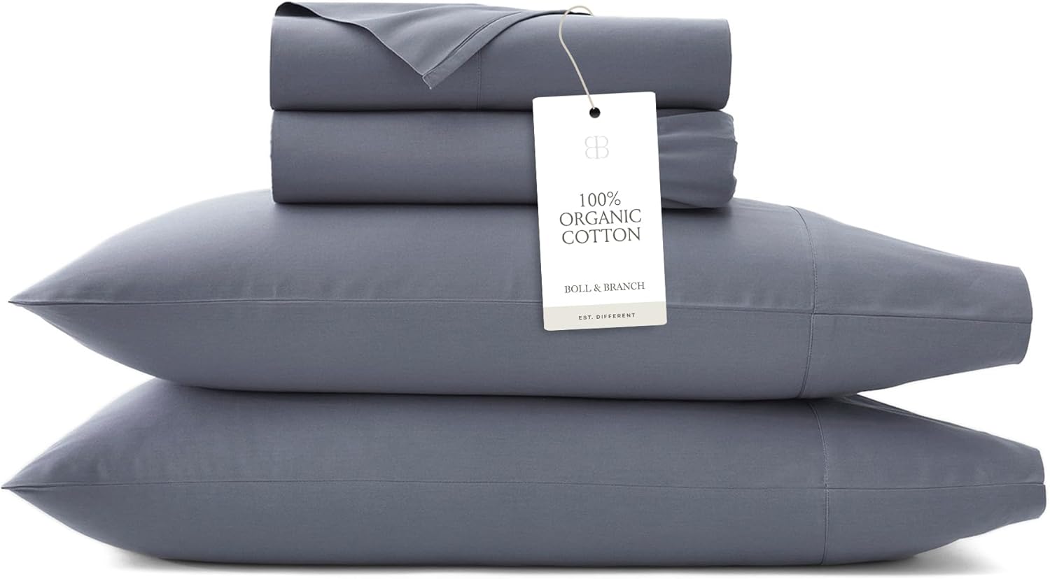 BOLL & BRANCH Signature Hemmed Sheet Set - King, Mineral - Luxury 100% Organic Cotton - Includes 1 Flat, 1 Fitted, 2 Pillowcases - Buttery Soft Mineral King - Image 1 of 6