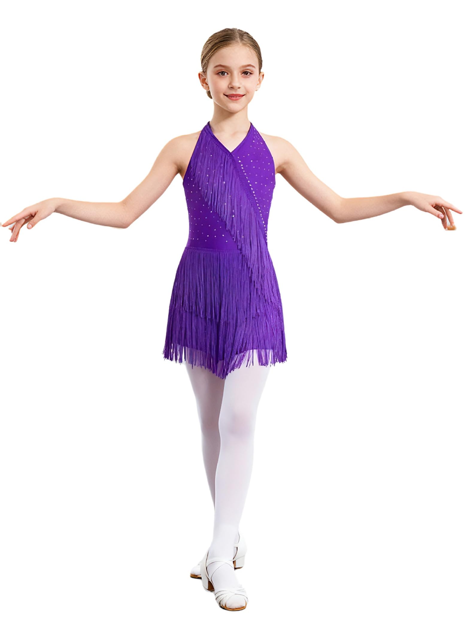 Jydiazi Vestido de baile latino para niña, con flecos, con brillantes, vestido de tango latinoamericano, Cha Cha, ropa de baile — view 11