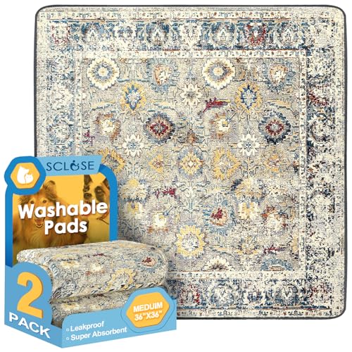 SCLOSE Washable Pee Pad for Dogs 2 Pack, 36" x 36" Reusable Puppy Pads Waterproof Dog Rugs, Super Absorbent, Leakproof, Dog Crate Pad, Playpen Mat, Whelping Pads, Vintage