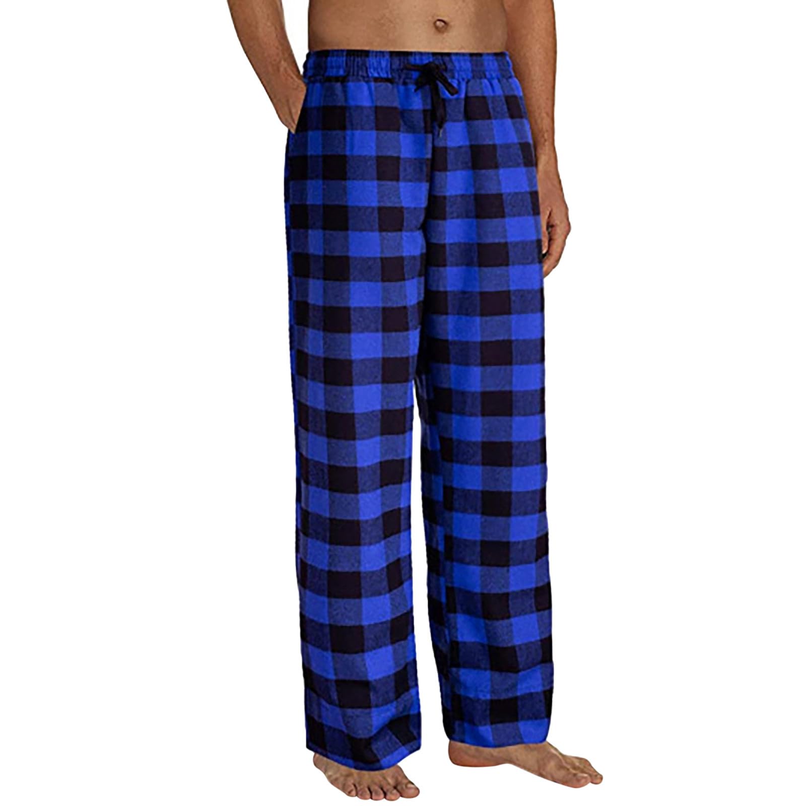 Mens Pajama Pants Flannel Plaid Lounge Pj Bottoms Elastic Waist Drawstring Casual Soft Comfy Sleep Pants with Pockets, E# Blue, Medium
