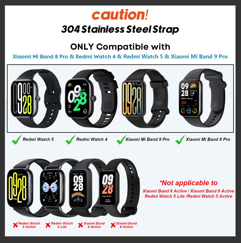 Metalen armband Xiaomi Redmi Watch 5/4 en Mi Band 8 Pro/9 Pro, roestvrij staal 304, verstelbaar 142-215 mm - Afbeelding 6