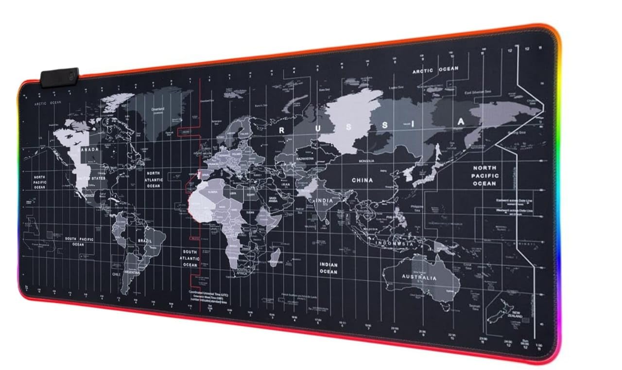 INOVERA (LABEL) RGB Light World Map Anti-Slip Extended Desk Mat Gaming Rubber Stitched Mouse Pad for Laptop and Computer, 800L x 300B mm (Black)