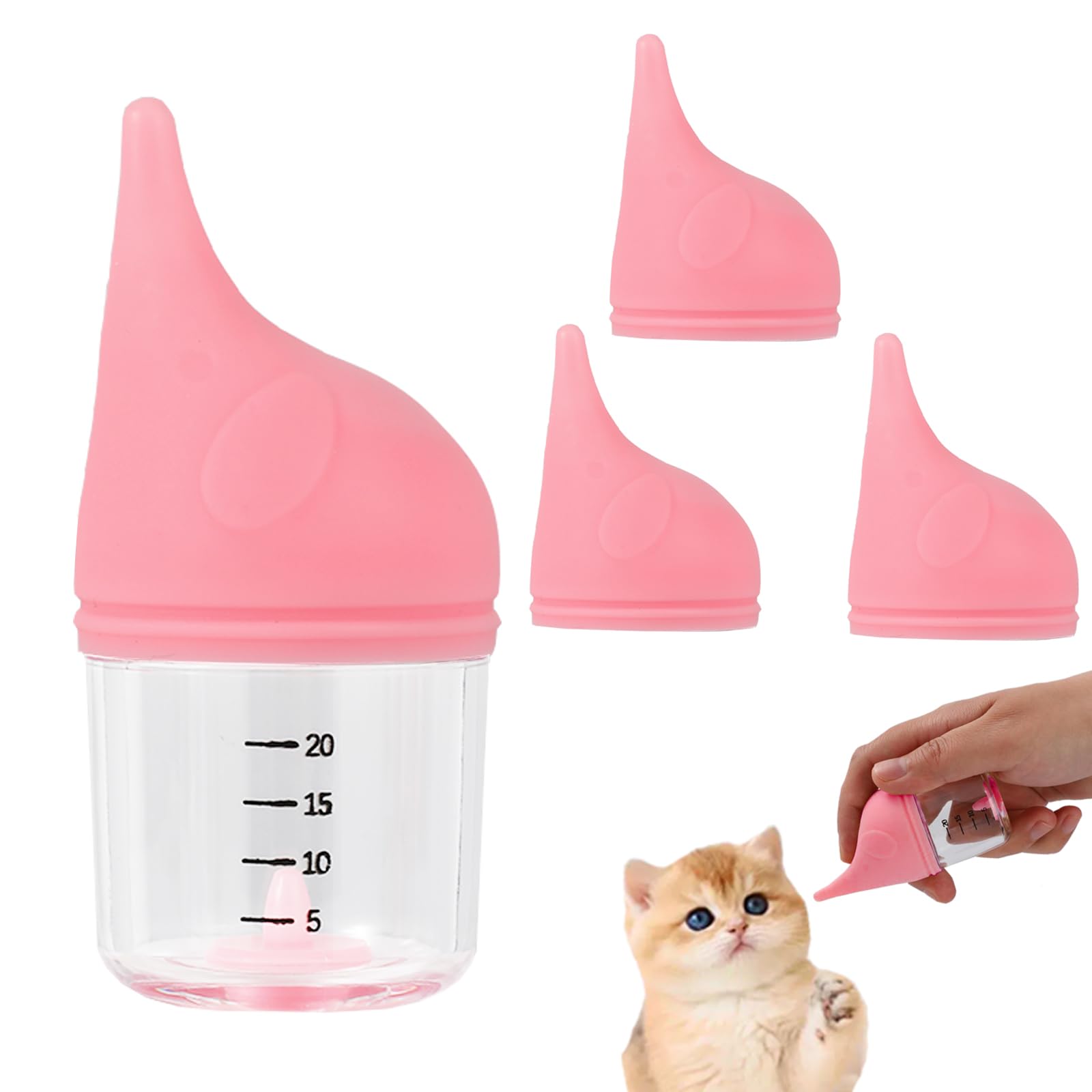 Kitten Bottle Feeding Kit for Nursing, Milk Bottles for Feeding Newborn Puppies,Anti-chocking Design with 3pcs Replaceable Nipples, Cute Elephant Shape for Nursing Small Animals Pets (Pink, 20ML)
